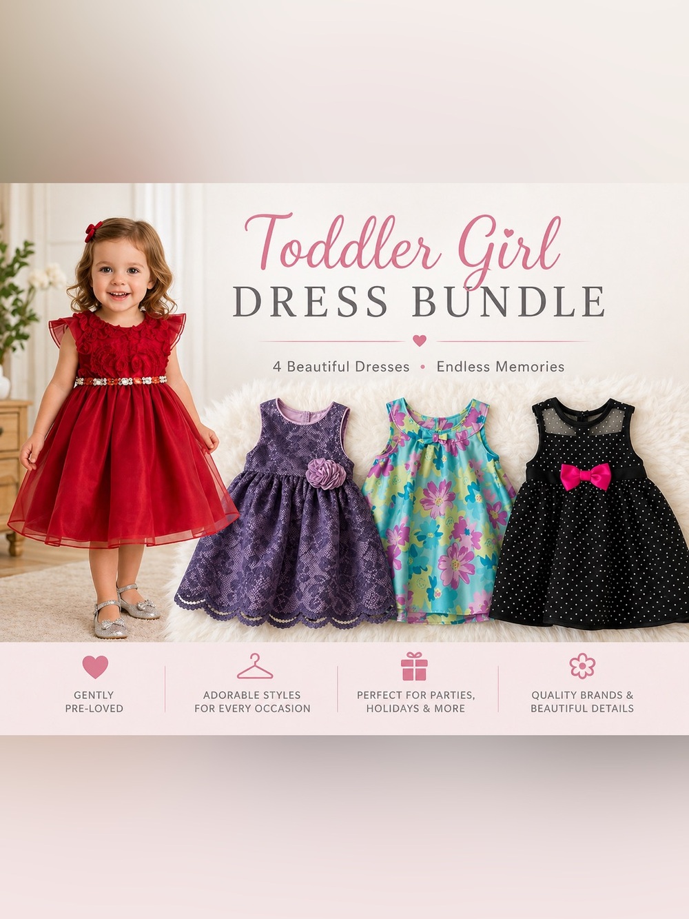 Toddler Girls Floral & Lace Dress Set - Purple, Turquoise, Red, Black